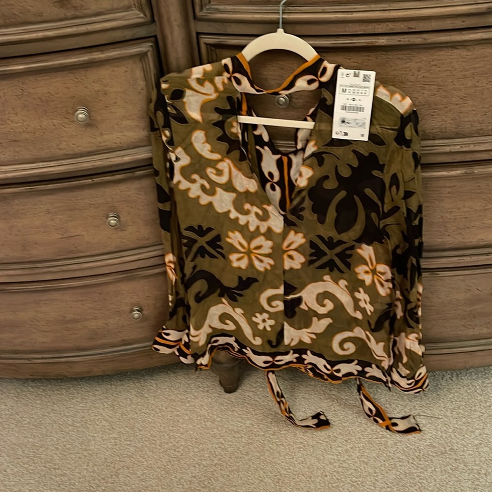 Zara V neck sheer blouse with back tie
